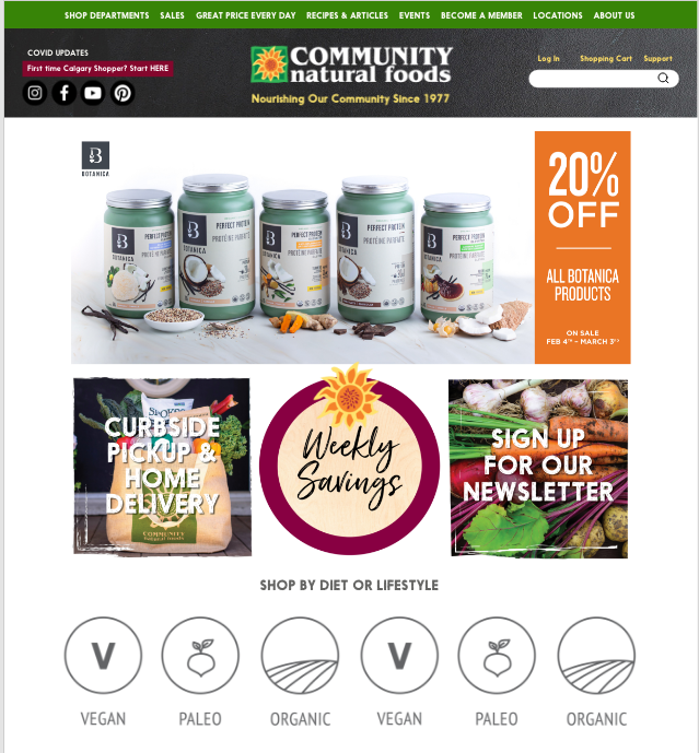 Community Natural Foods original website with diet and lifestyle filters