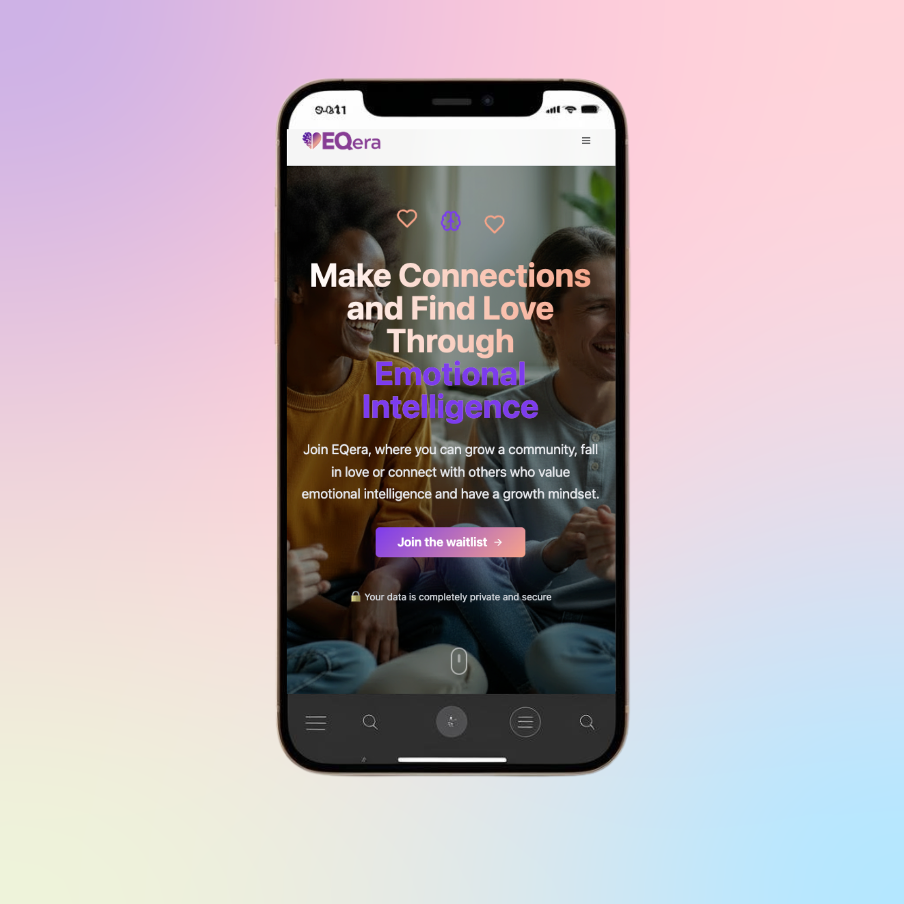 EQera mobile app prototype showing the landing screen with emotional intelligence messaging