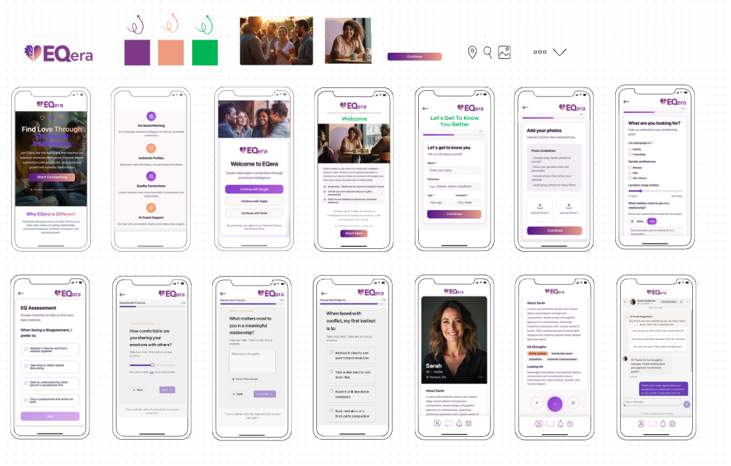 EQera app screen designs showing onboarding, EQ assessment, and profile flows