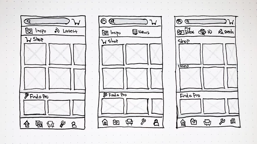 Low-fidelity wireframe sketches for the redesigned shopping experience